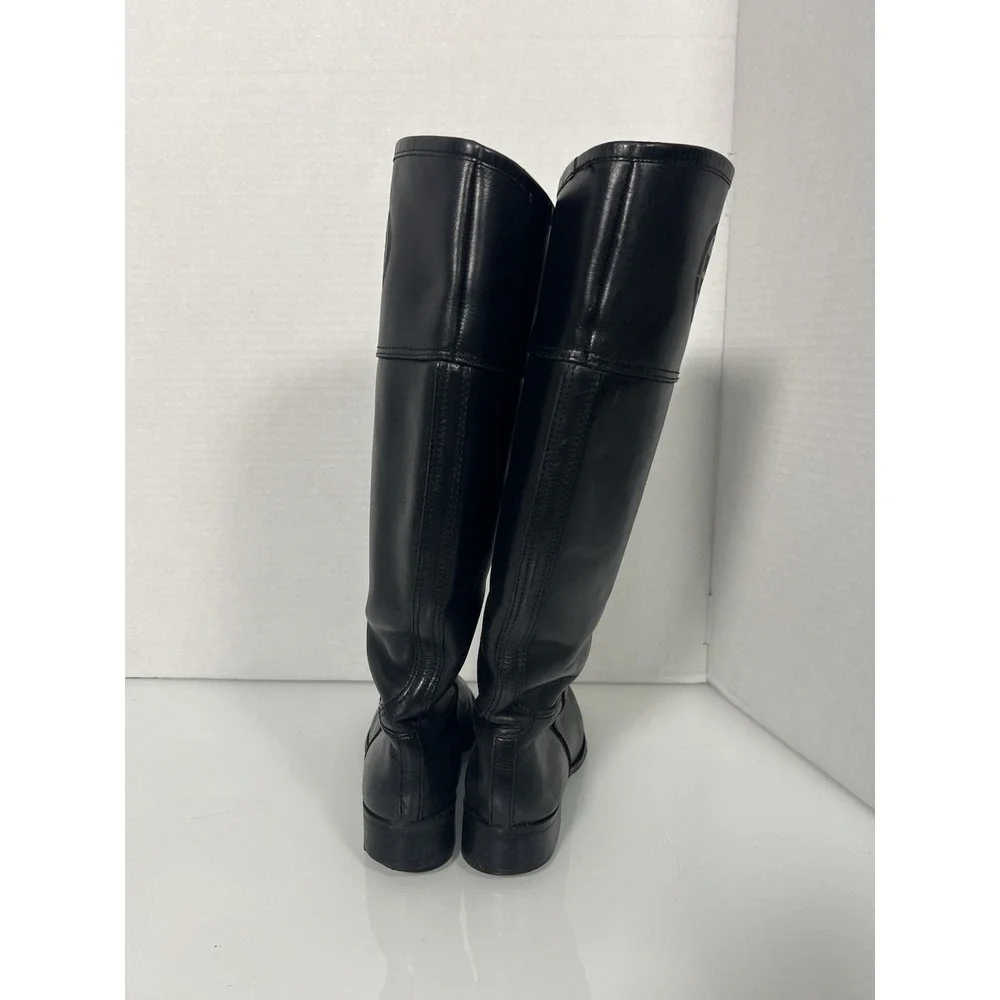 AUTHENTIC‎ TORY BURCH (7.5M) TALL BLACK LEATHER LOGOED BOOTS SEE DISCRIPTION
